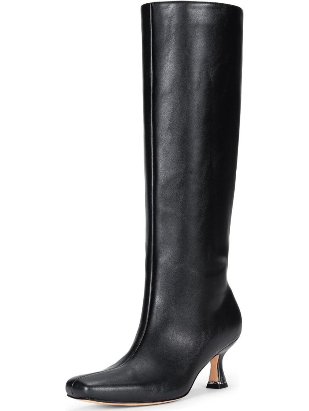 Women's Black Square Toe Kitten Low Heel with Zipper Tall Dress Knee High Boots